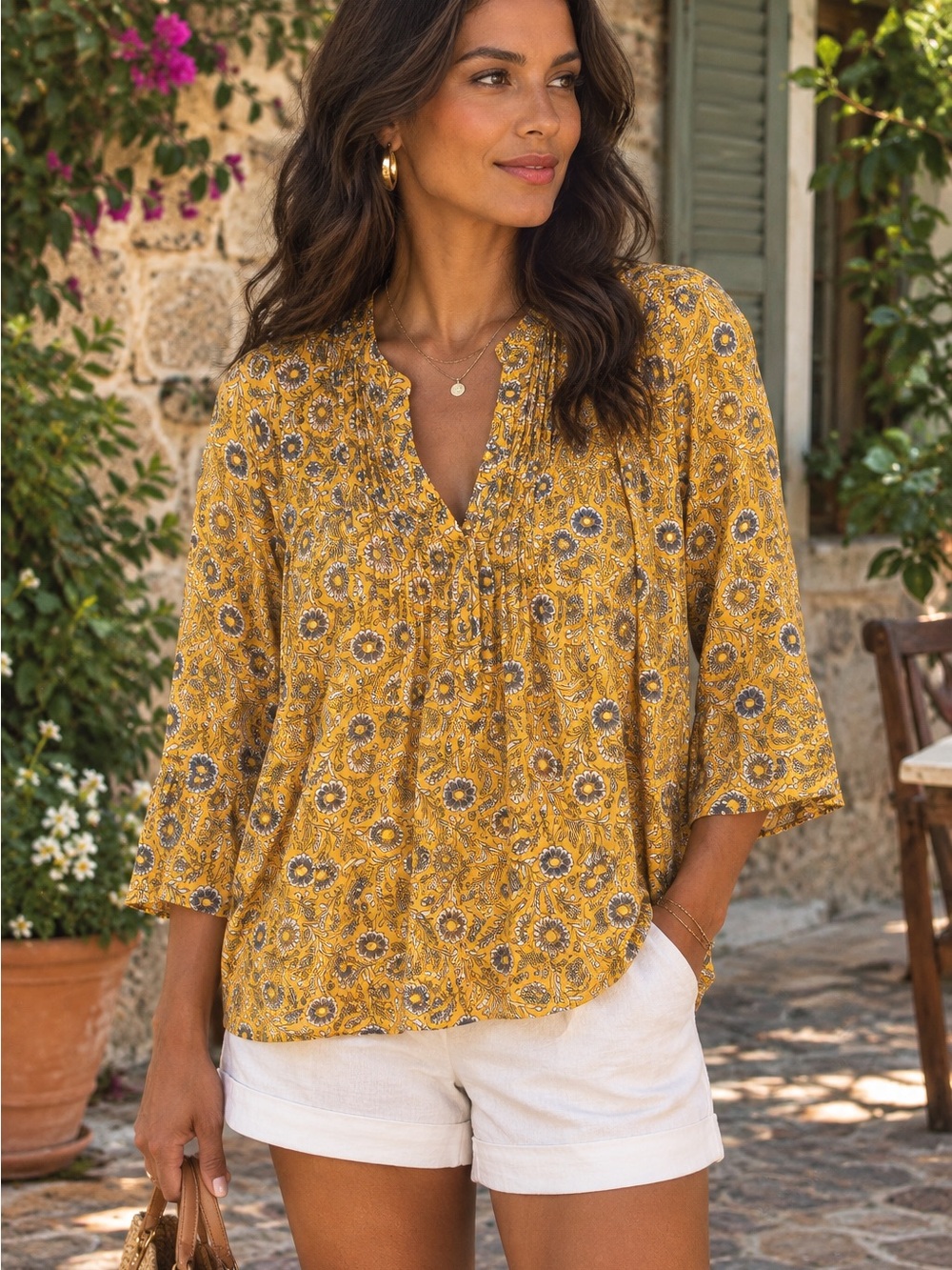 Style & Co. Yellow Floral Flutter-Sleeve Blouse